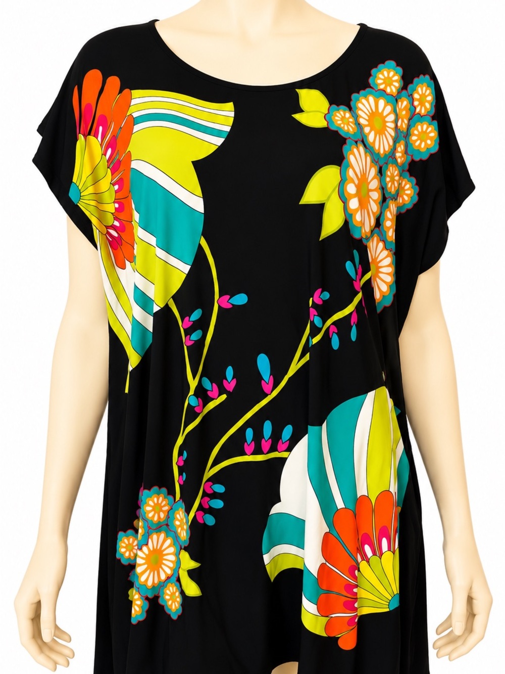Black Floral Print Women's Swimsuit Cover-up with Bright Multicolor Accents
